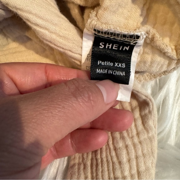 SHEIN Petite XXS Beige Gauze Tie Front Long Sleeve Crop Top Boho Blouse - Picture 5 of 11